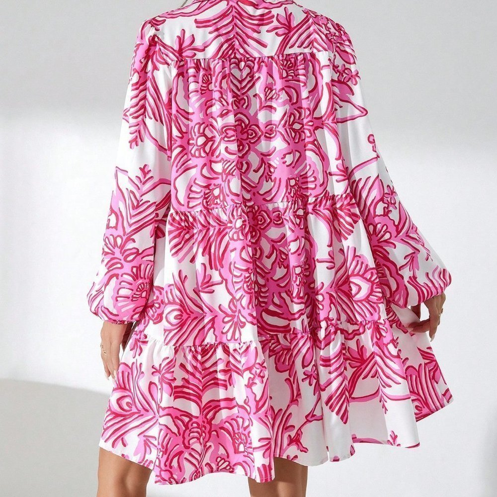 Pink Boho Womens Floral Print Ruffle Hem Smock Dress Without Belt - Picture 2 of 5